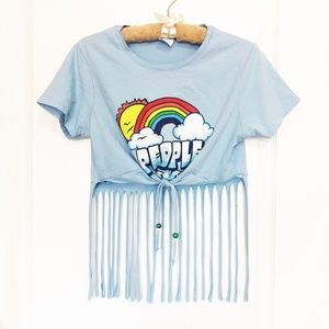 New! Rainbow People Baby Blue Hippie Fringe Crop Top Tee